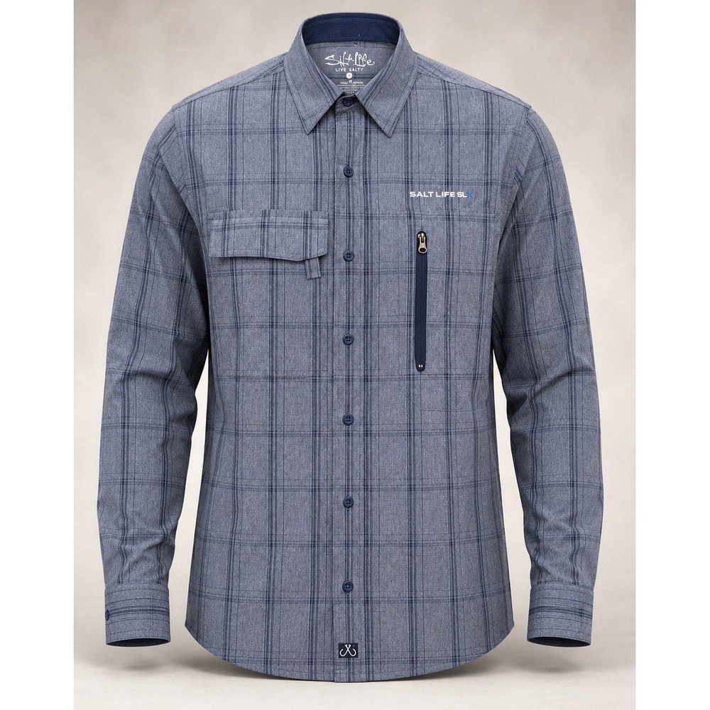 Salt Life Fishing Shirt Mens S Regular Fit Blue Plaid UVapor SLX Performance